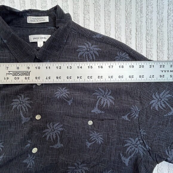 Pierre Cardin Mens Button Up Shirt Large Black Palm Trees Print Hawaiian Rayon - Picture 6 of 8